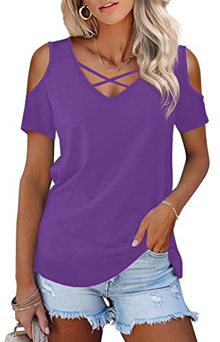 Florboom Longshirt Damen Sommer Kurzarm Oberteil Criss Cross Bluse Off Shoulder Tshirt, Lila XL