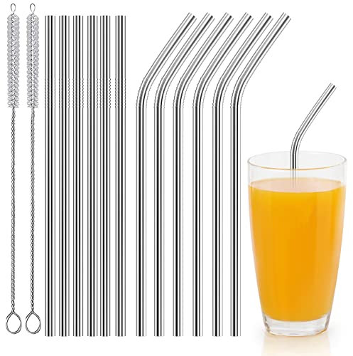 Newaner Strohhalme Edelstahl Wiederverwendbar 12 Stk（6 Gerade + 6 Gebogen）, Trinkhalme 21cm mit 2 Hohe Dichte Reinigungsbürsten, Metal Straw für Cocktails, Eismilch, Milchshakes, Eiskaffee, Tee