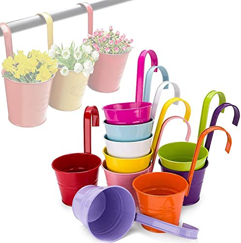 WKLSSRH 10Set (Mix) Farbige Bunte Hängetöpfe Blumentöpfe Pflanztöpfe Blumenübertopf mit Haken Hängetopf Pflanztopf Kräutertopf für Balkon Terrasse Gartenzaun Gartenhaus Vase