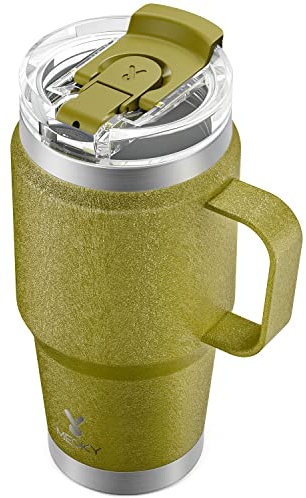 Meoky 680 ml tumlare med DUO 2-i-1 sugrör och piplock, 100 % läckagesäker tumlare med handtag, isolerad kaffemugg i rostfritt stål, håller kall i 24 timmar eller varm i 8 timmar (skog