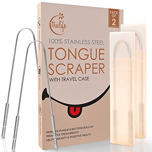 Tongue Scraper for Adults with Travel Case (2 Pc), Bad Breath Treatment Metal Tongue Cleaner, 100% Stainless Steel Tongue Scrapers for Oral Care, Easy to Use Dental Hygiene for Fresh Breath