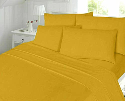 CHILIMILII 100% Brushed Cotton 4 Piece Flannel Sheet Set,Flat Sheet, Fitted Sheet with 2 Pillowcases, Brushed For Extra Softness, Warm,Easy Care Thermal Flannelette Sheet set (Mustard, Double)