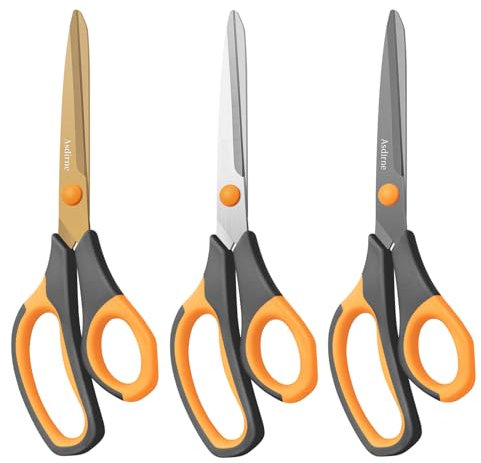 Asdirne Titanium Coating Scissors, Premium All Purpose Scissors, Ultra Sharp Stainless Steel Blades, Comfortable Grip, Great for Craft, Office, School and Everyday Use, Black/orange, 21.8cm, Pack of 3