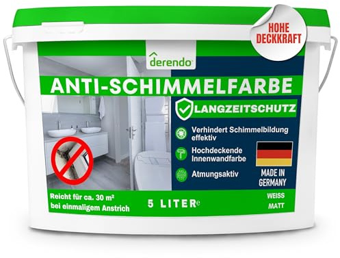 derendo Anti Schimmelfarbe innen Weiß 5L Schimmel entfernen Wandfarbe | Feuchtraumfarbe für Badezimmer, Küche & Schlafzimmer, Innenfarbe hohe Deckkraft & Langzeitschutz