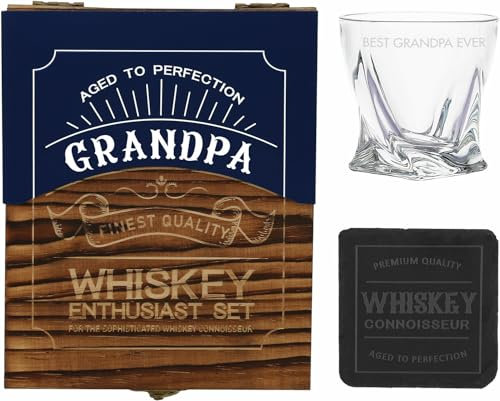 Pavilion – Best Grandpa Ever – Vaso de whisky de 325 ml, 10 cm, caja de madera, juego de regalo para abuelo, abuelo, abuelo, papá