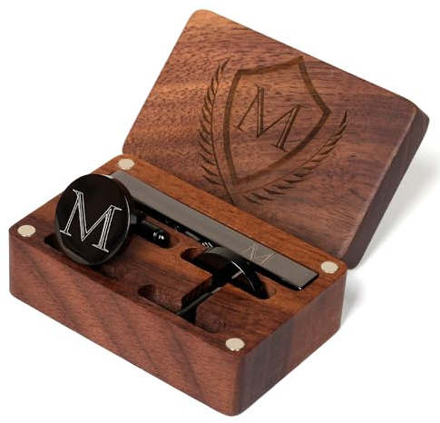 Mens Initial Cufflinks and Tie Clip A-Z Alphabet Letter Black Stainless Cuff Links Tie Bar with Engraved Walnut Wood Box Groom Groomsman Wedding Set (M)