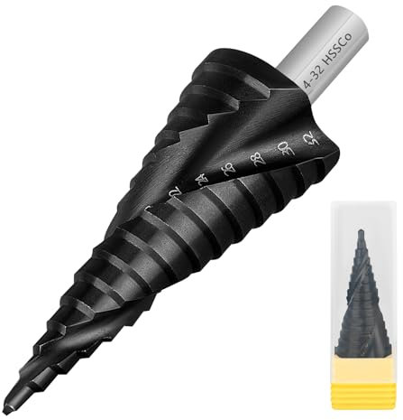 aquota Stufenbohrer [15 Stufen | Ø 4-32mm |10mm Schaf] HSS Cobalt Pro TiAIN [Haltbar & Hitzebeständig] - Profi Kegelbohrer für Edelstahl, Metall, Holz, Kunststoff, Blech-Schälbohrer, Metallbohrer