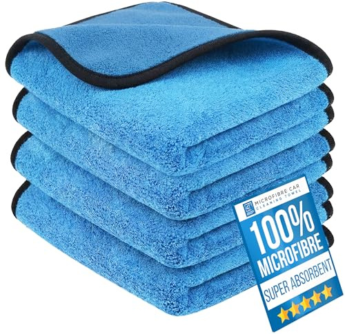 Mikrofaser-Auto-Trockentuch, dick, super saugfähig, fusselfrei, 40 cm x 40 cm, Mikrofasertuch, perfekte Ergänzung zu Ihrem Autowaschen, Trocknen, Detailieren und Polieren (4 Stück)
