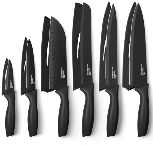 Homikit 6 Pieces Kitchen Knife Set with 6Pcs Covers, Stainless Steel Sharp Knives Including Paring, Utility, Bread, Slicing, Santoku & Chef Knife, Non-Stick Coating & Easy Clean - Black