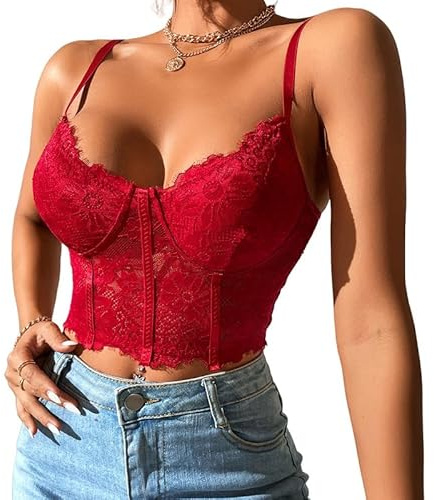Haibang Women's Lace Corset V Neck Crop Top - Spaghetti Strap Cami Backless Slim Fit Camisole With Mesh Bustier - Sleeveless Tank for Party Clubwear