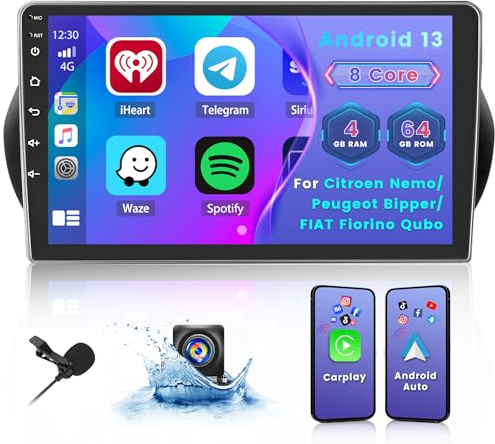 Hikity 8 Core 4GB+64GB Android 15 Radio Coche para Citroen Nemo, Peugeot Bipper, Fiat Fiorino Qubo Radio CarPlay Android Auto Inalámbrico Bluetooth con 10 Pantalla Táctil WiFi GPS Type-C DSP