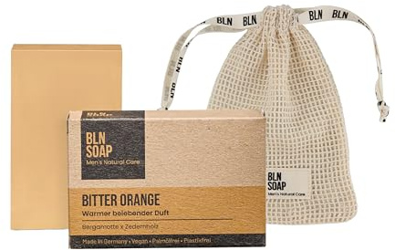 Feste Seife Männer + Baumwoll-Seifensäckchen: 3-in-1 Männerseife + Seifenbeutel für Aufbewahrung & Peeling – Seifenstück Nachhaltig & Vegan, Natürliche Duschseife für Hand, Körper & Haare, BLN SOAP
