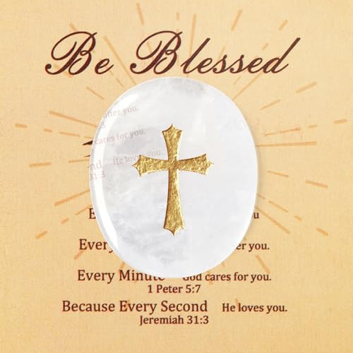 QINJIEJIE Bergkristall Kreuz – Polierter ovaler Edelstein – Christliches Geschenk für Taufe & Kommunion – Sorgenstein gegen Angst & Stress – Meditation