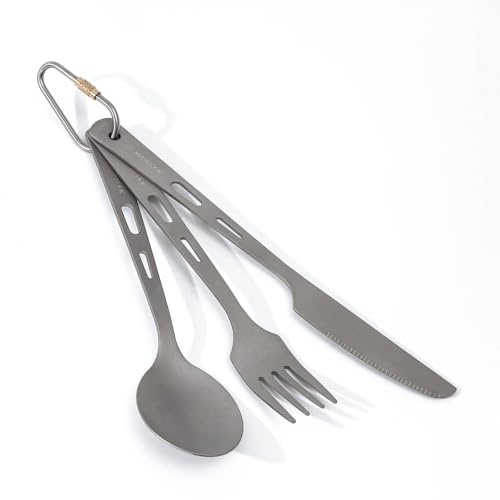 MAXCOOK Set di 3 utensili da campeggio in titanio, set di stoviglie da campeggio, posate portatili con fibbia per alpinismo, cucchiaio in titanio, forchetta, coltello, posate ultraleggere, per picnic