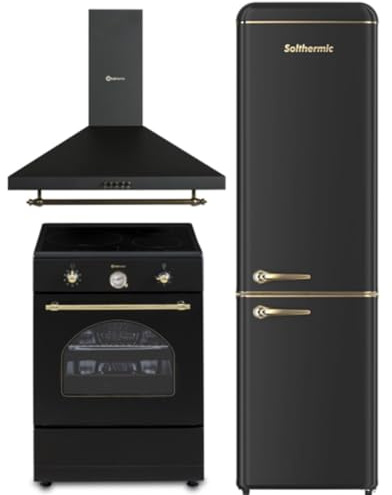 SOLTHERMIC PACK 3 EN 1 NEGRO RUSTICO VTI60N INDUCCION CON TURBO 3 ZONAS + CAMPANA DECORATIVA 60 CM + COMBI 2P FCR188N de 1,88 de alto y 55 de ancho gran capacidad 270L bajo consumo CLASE C