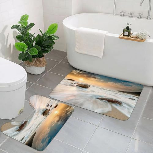 KGDHY Badezimmermatten-Sets 2-Teilig,Seaside Dekor, Grand Sea Waves am Strand und Horiz,Bad und WC-Vorleger-Set,rutschfeste Badezimmerteppiche wasserabsorbierende