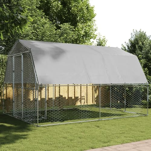 IKAYAA Freilaufgehege Hühner 375 x 285 x 230 cm Hühnerstall Verzinkter Stahl Hühnergehege Freilauf Groß mit Sonnenschutzdach und Tür für Haustierkäfig Hühnerkäfig Vogelkäfig Kleintiere