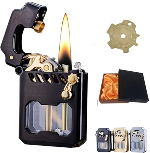Encendedor de queroseno retro, encendedor de gasolina de metal con lata transparente, elegante encendedor mecánico de metal con forma de trinchera a prueba de viento, encendedor retro, adecuado for la