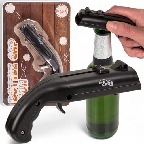 MIJOMA Flaschenöffner mit Kronkorken-Schussfunktion – Bottle Cap Gun aus ABS & Metall – Partygadget für Männer – öffnet Flaschen & schießt Kronkorken bis 5 m – schwarz