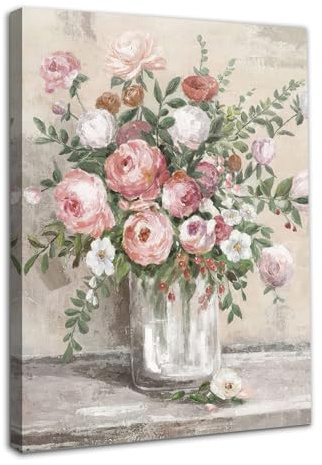 Dazzlewall Framed Vintage Flower Wall Art Decor Farmhouse Still Life Poster, Rustic Pink White Flower Vase Prints Botanical Oil Painting for Bathroom Bedroom Living Room 12x16 in