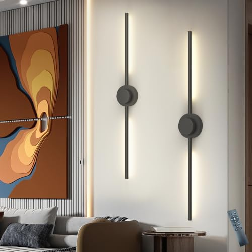 GEADI Akku Wandleuchte Innen Schwarz, Wiederaufladbar LED Wandlampe Lang | Dimmbar Wandleuchten Kabellos with Fernbedienung für Schlafzimmer, Wohnzimmer, Flur, 2 Stück