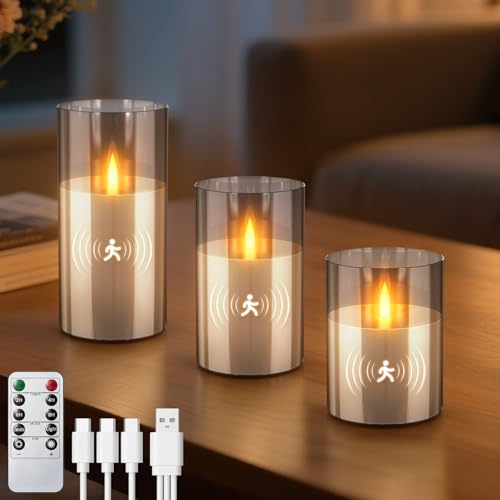3PC LED Candles Rechargeable with Motion Sensor, Flameless Candles in Glass with Remote Control Timer Function, Electric Candle Lights Real Wax, Paraffin Candle for Christmas, Party, Decoration (Grey)