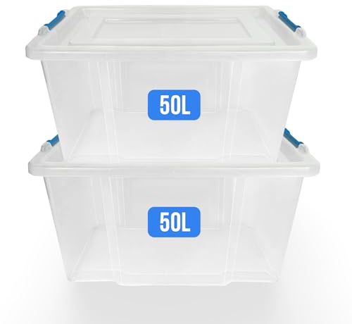 KAPCO 50L Storage Boxes with Lids - Set of 2 Clear Stackable Plastic Containers | Durable Plastic Box Storage with Clip Lock Lid | Large Storage Tub Organizer for Home Office Garage Kitchen Loft