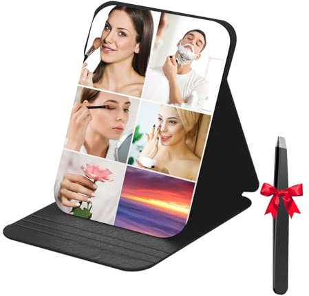 ePicsoa Tragbarer Klappspiegel, 26 x 18 cm, Make-up mit Pinzette, faltbarer Tischspiegel, Super HD, kompaktes Make-up, schwarzes PU-Leder, Reisen, Reisen, Reisen, Büro, Schreibtisch, Schminktisch