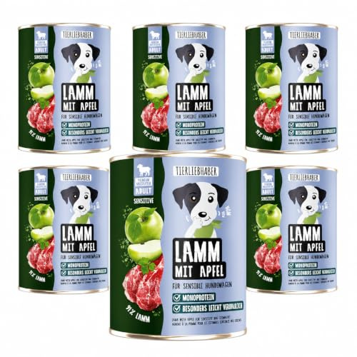 Hundefutter Nass 800g Lamm & Apfel – Hunde Nassfutter 6x800g Wet Dog Food | Tierärztlich entwickeltes Nassfutter für Hunde mit 91% Fleischanteil – Dog Food leicht verdaulich von TIERLIEBHABER