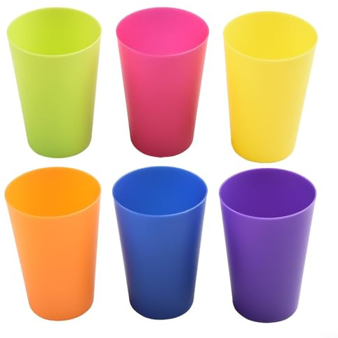Lot de 6 gobelets empilables en plastique colorés, incassables, réutilisables, légers, passent au micro-ondes et au lave-vaisselle, pour jus, eau, café, enfants et adultes