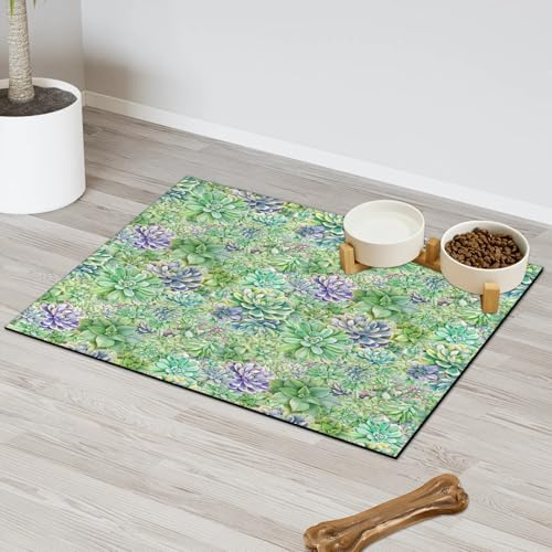 Watercolor Succulent Pet Feeding Mat for Cat Dog Water Bowl Food Mats Green Succulent Pet Feeding Mats Absorbent Nti-Slip Contain Spills Protects Floors Placemat 30.4 x 50.8 cm