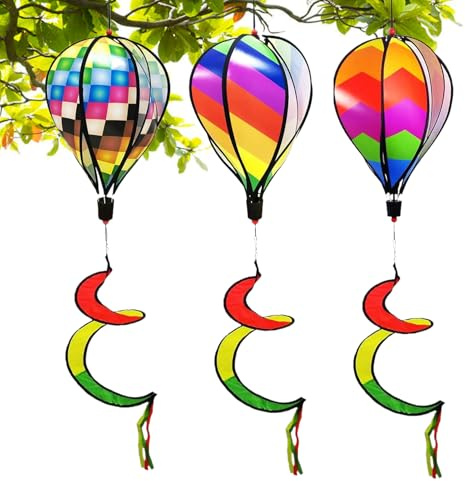 Wind Spinner, Hot Air Balloon Wind Spinner, 3-Pack Rainbow Twisted Decorative Pinwheels, Hangable Whirlygig for Lawn, Yard, Garden, Patio, Outdoor, Weather-Resistant, Rotating Garden Decor