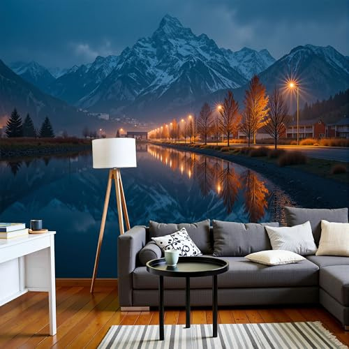Papel Pintado Pared 3D Paisaje Lago Realista 200X140Cm Fotomurales Montañas En El Cielo Nocturno, Azul Profundo Papel Tapiz Grande Murales Fotográfico Moderno Decoración De Pared Para Sala Dormitorio