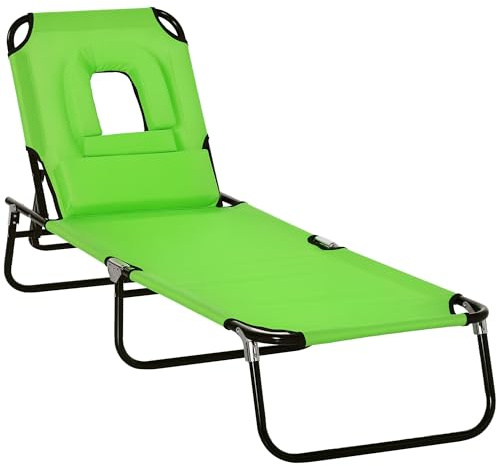 Outsunny Sonnenliege Klappbar mit Gesichtsloch Kopfkissen 120 kg Grün | Gartenliege, Liegestuhl mit 4-Fach verstellbare Rückenlehne, Wetterfeste Campingliege, für Garten Strand Pool