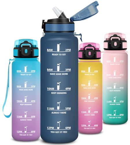 Mujigaga Botella Agua 1 litro, A Prueba de Fugas Cantimplora con Pajita, Botella Agua Gimnasio, Diseño de Cerradura, Cantimplora con Marcador de Tiempo para Exterior, Oficina, Deportes, Gimnasio