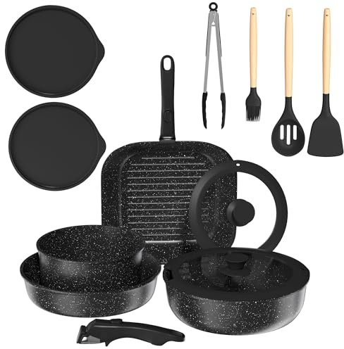 Gimars 14pcs Set di Padelle Antiaderente da 14PCS con 2 Manici Rimovibili | Padella da 20 26cm,Casseruola 20cm,26cm Griglia,4 Coperchi 4 Utensili,Senza PFOA PFTE per Induzione Gas Forno