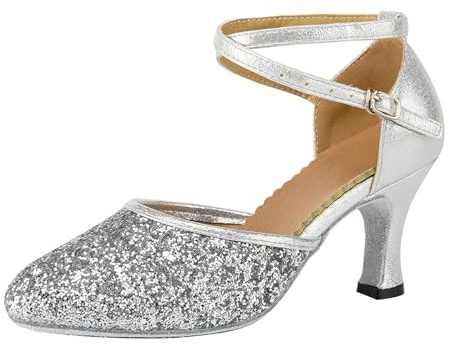 SWDZM Chaussures de Danse Femme Talon 7 cm Noir Bout Fermé Latin Bachata Standard Chaussures,Argent,EU 39