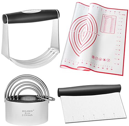 HULISEN Stainless Steel Biscuit Cutter Set, Silicone Mat, Pastry Scraper and Dough Blender, Sturdy & Long-Lasting with Ergonomic Rubber Grip, Professional Baking Dough Tools, Gift Package (4 Pcs/Set)
