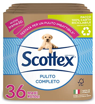 Scottex Pulito Completo Carta Igienica, Morbida e Resistente, Confezione Ecosostenibile in Carta, 36 Rotoli Maxi