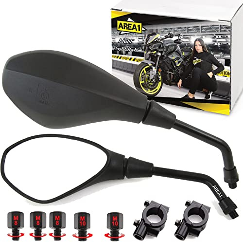 Area1 Motorrad Spiegel Paar E-geprüft, universal mit M10+M8 Adapter/Halterung, kompatibel mit Honda Kawasaki Duke SMC Yamaha Triumph Suzuki Ducati Husqvarna Beta Fantic Motor Brixton Derbi Benelli