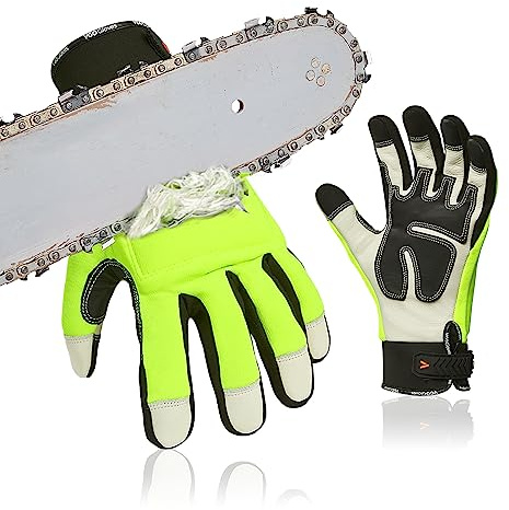 Vgo... Chainsaw 12-Layer Saw Protection on Both Hands Cow Leather Gloves (1 Pair,Size XL, Hi-Viz Green, CA9760)