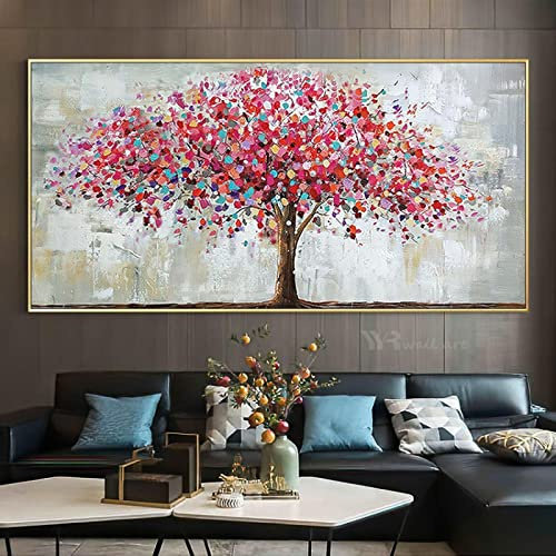 Yayun Art Abstrakte rote bunte große Baumlandschaft, großes Bild für Heimdekoration, Gemälde auf Leinwand für Wohnzimmer, Schlafzimmer, 70 x 150 cm/28 x 59 Zoll mit goldenem Rahmen