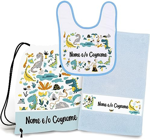 Caribu design Set Asilo Personalizzato con Nome per Bimbo Bimba Sacca + Bavaglino + Asciugamano per Asilo Nido Scuola Materna Maschio Femmina (Animali Dinosauri)