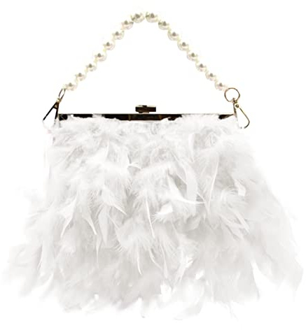 Sac à main de luxe avec chaîne de perles, sac à main en plumes pour femme en cuir, blanc, Taille unique