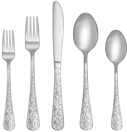 SHEUMNT 20-teiliges Silber besteck-Set mit moderner Blumengravur für 4 Personen, Besteckset aus Edelstahl mit Messer/Gabel/Löffel, Besteckset für Zuhause und Küche