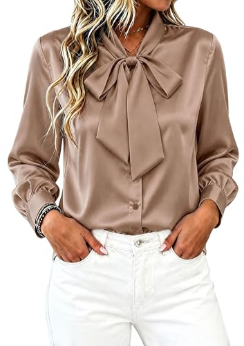 CBOO Women's Bow Tie Neck Button Down Shirts Silk Blouses Long Sleeve Elegant Satin Blouse Casual Dressy Business Tops, B Coffee, S