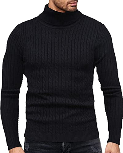 Fastkoala Hommes Pulls Col roulé Pullover Chaud Basique Jumper Tricot Cardigan Tops Régulier Slim Fit Noir M