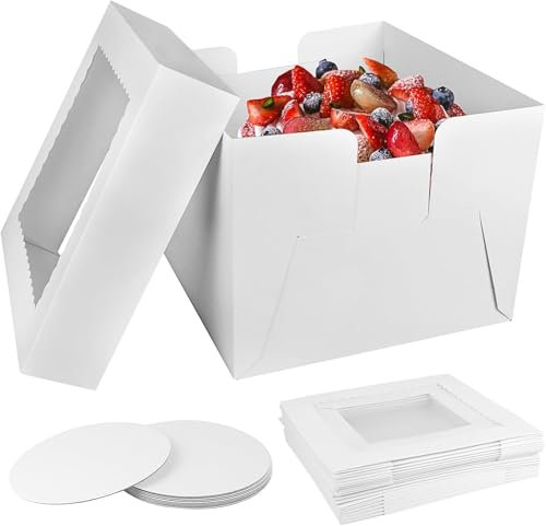 Nuyoah Caja Tarta Cake Box Cajas para Pasteles de Carton Blanco 20x20x20cm 5Pz Cajas para Tartas Rectangular con Ventana y Bandeja Caja para Transporte de Tartas Desechable para Envolver