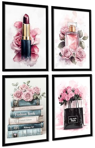 Nacnic Set de 4 Cuadros de Maquillaje y Cosmética Impresión Belleza Flores, Bolso, Perfume, Lápiz Labial ilustración para decorar las paredes del Inodoro, Tocador, Baño, Vestidor, Salón A4 Sin Marco