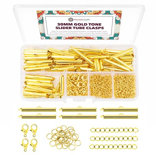 Mandala Crafts 30mm Gold Tone Seed Bead Sliders Clasps for Jewelry Making – 300 Slide Connectors Bars End Clasp Tubes Caps Finding